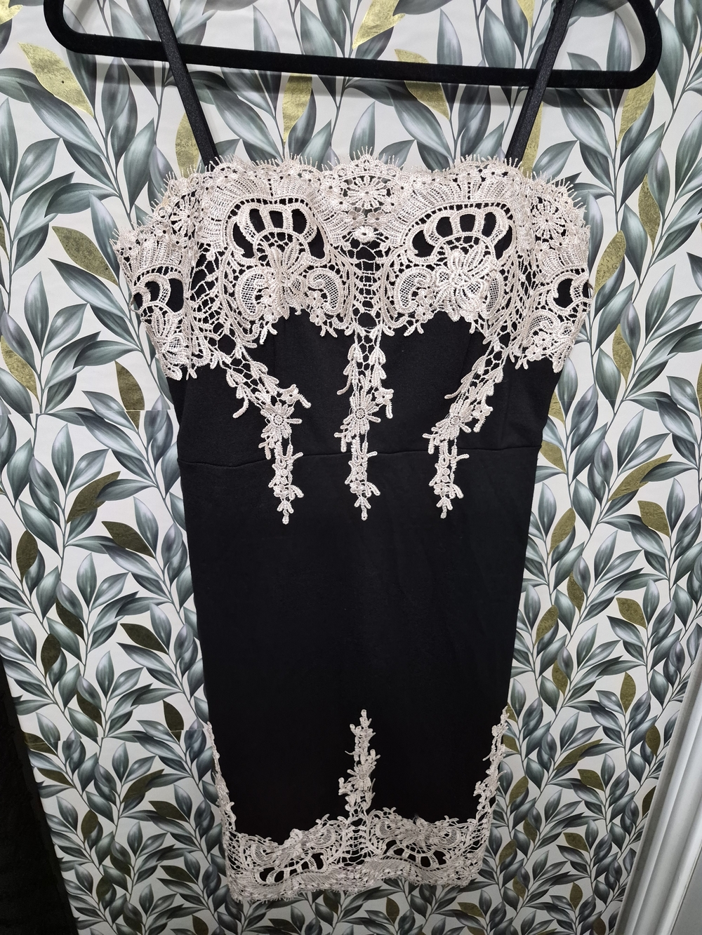 Haute Monde Black Slip Dress with Ivory Lace Applique